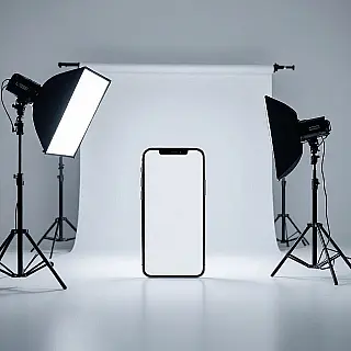 Smartphone, professionele productfotografie, witte studio achtergrond, studioverlichting verlichting, professioneel sfeer, promotiebanner ontwerp, commerciële esthetiek, scherpe focus, geïsoleerde productweergave, schone randen, transparante achtergrond gereed