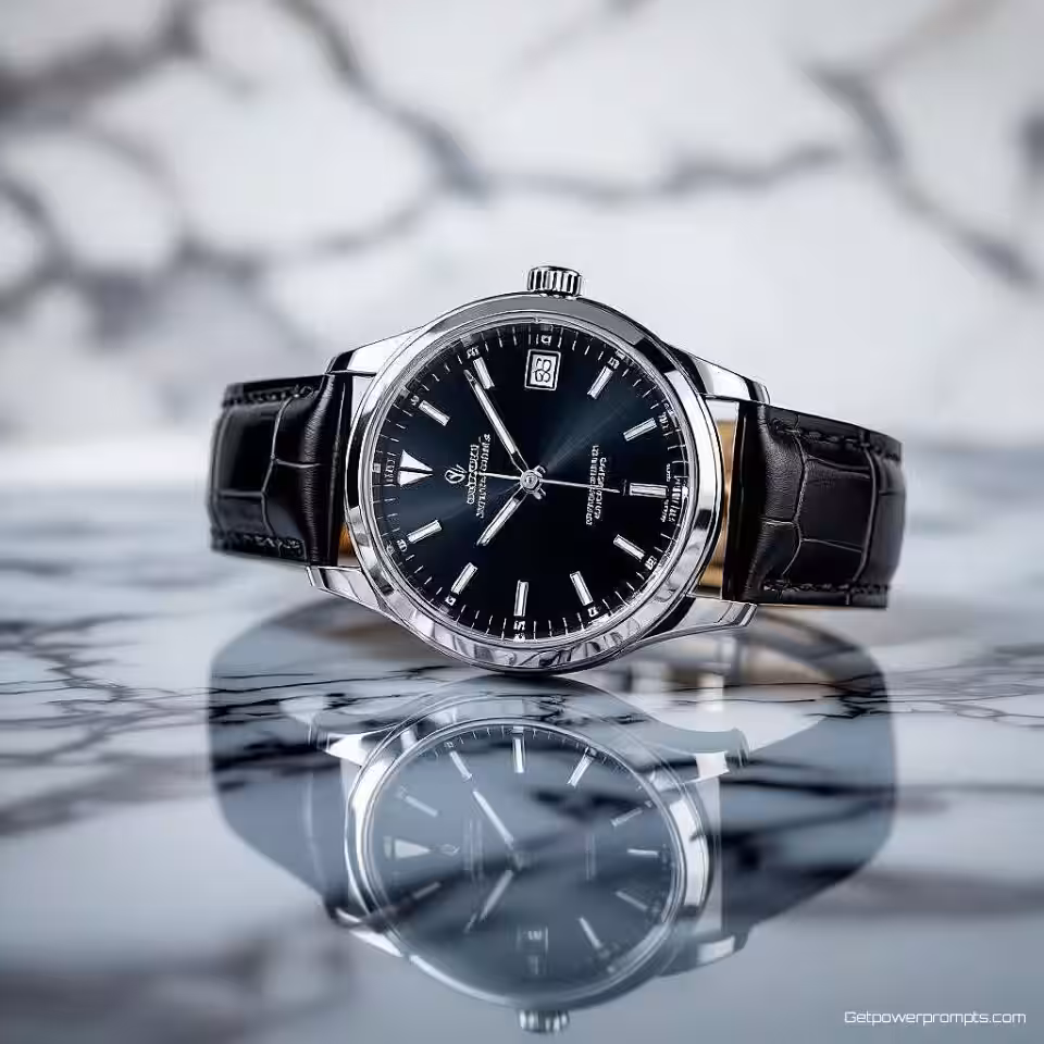 Luxe polshorloge, reflecterend oppervlak fotografie, marmeren oppervlak achtergrond, studio verlichting verlichting, elegante sfeer sfeer, promotiebanner ontwerp, spiegelreflectie effect, commerciële esthetiek, scherpe focus, symmetrische compositie, monochroom kleurenschema