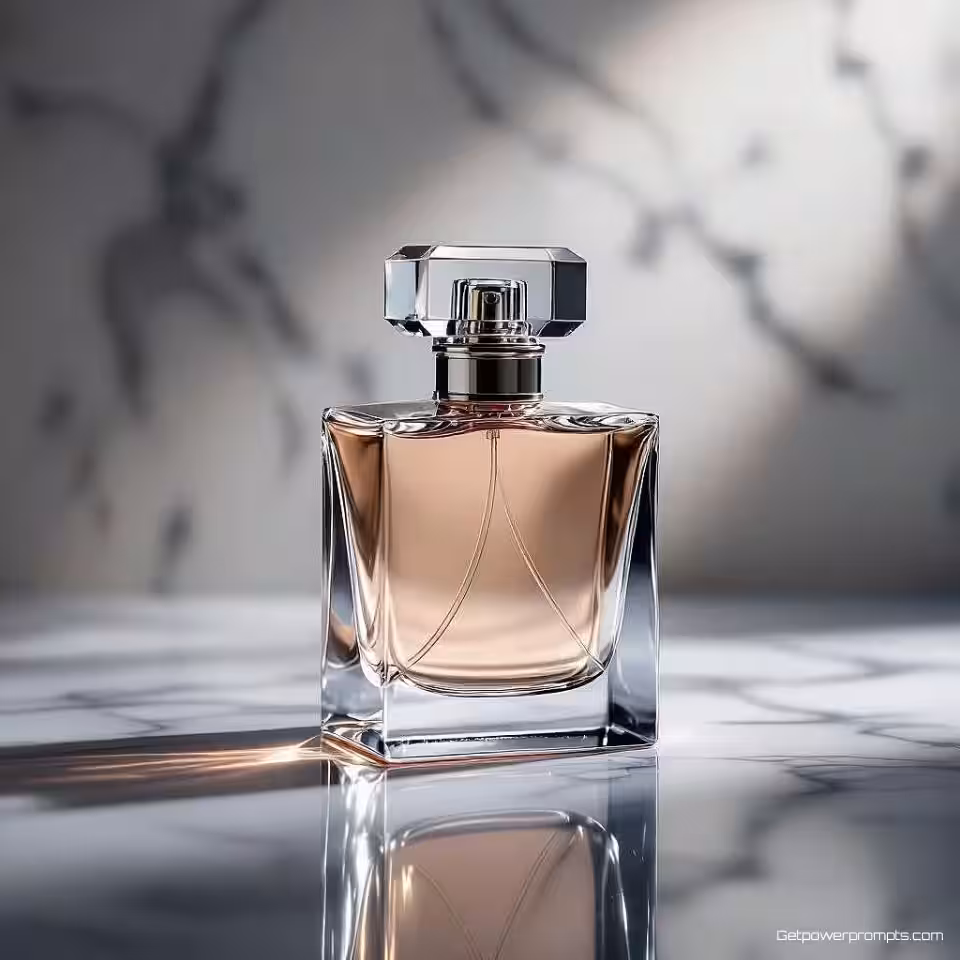 Parfumflesje, reflecterend oppervlak fotografie, marmeren oppervlak achtergrond, studio verlichting verlichting, elegante sfeer sfeer, promotiebanner ontwerp, spiegelreflectie effect, commerciële esthetiek, scherpe focus, symmetrische compositie, monochroom kleurenschema