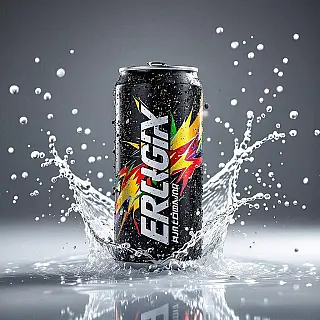 Energiedrank blikje, splash fotografie, studiowitte achtergrond achtergrond, studiostrobe verlichting verlichting, energieke en dynamische sfeer sfeer, close-up shot perspectief, promotiebanner ontwerp, bevroren vloeistof beweging, commerciële esthetiek, scherpe focus, dynamische waterdruppels, levendige kleuren, hoge snelheidscapture