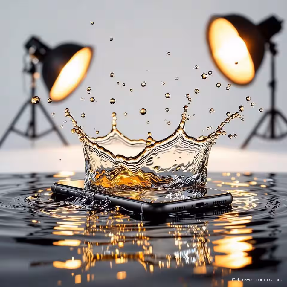 Premium smartphone, splash fotografie, studiowitte achtergrond achtergrond, studiostrobe verlichting verlichting, energieke en dynamische sfeer sfeer, close-up shot perspectief, promotiebanner ontwerp, bevroren vloeistof beweging, commerciële esthetiek, scherpe focus, dynamische waterdruppels, levendige kleuren, hoge snelheidscapture
