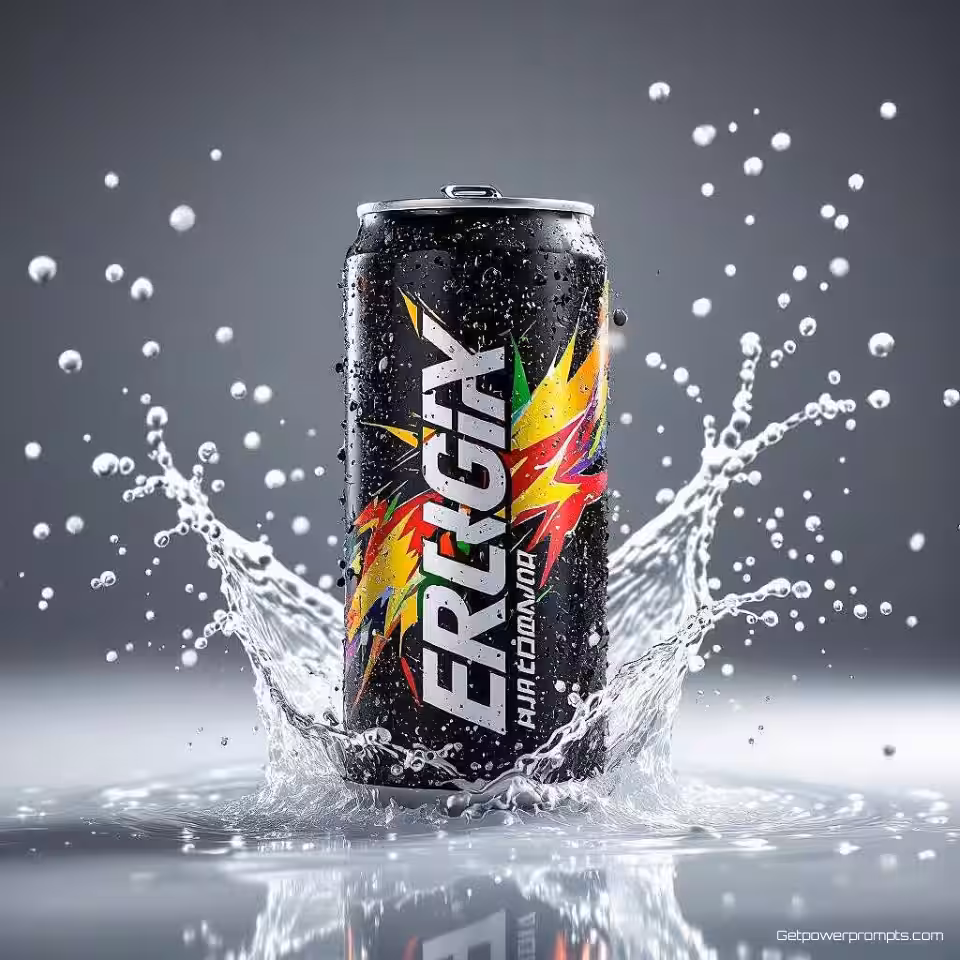 Energiedrank blikje, splash fotografie, studiowitte achtergrond achtergrond, studiostrobe verlichting verlichting, energieke en dynamische sfeer sfeer, close-up shot perspectief, promotiebanner ontwerp, bevroren vloeistof beweging, commerciële esthetiek, scherpe focus, dynamische waterdruppels, levendige kleuren, hoge snelheidscapture