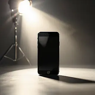 Smartphone, spotlight fotografie, donkere studio achtergrond, dramatisch spotllicht verlichting, dramatisch sfeer, close-up perspectief, promotiebanner ontwerp, dramatisch spotllichteffect, commerciële esthetiek, scherpe focus, professionele productweergave, geïsoleerd onderwerp, theatrale presentatie