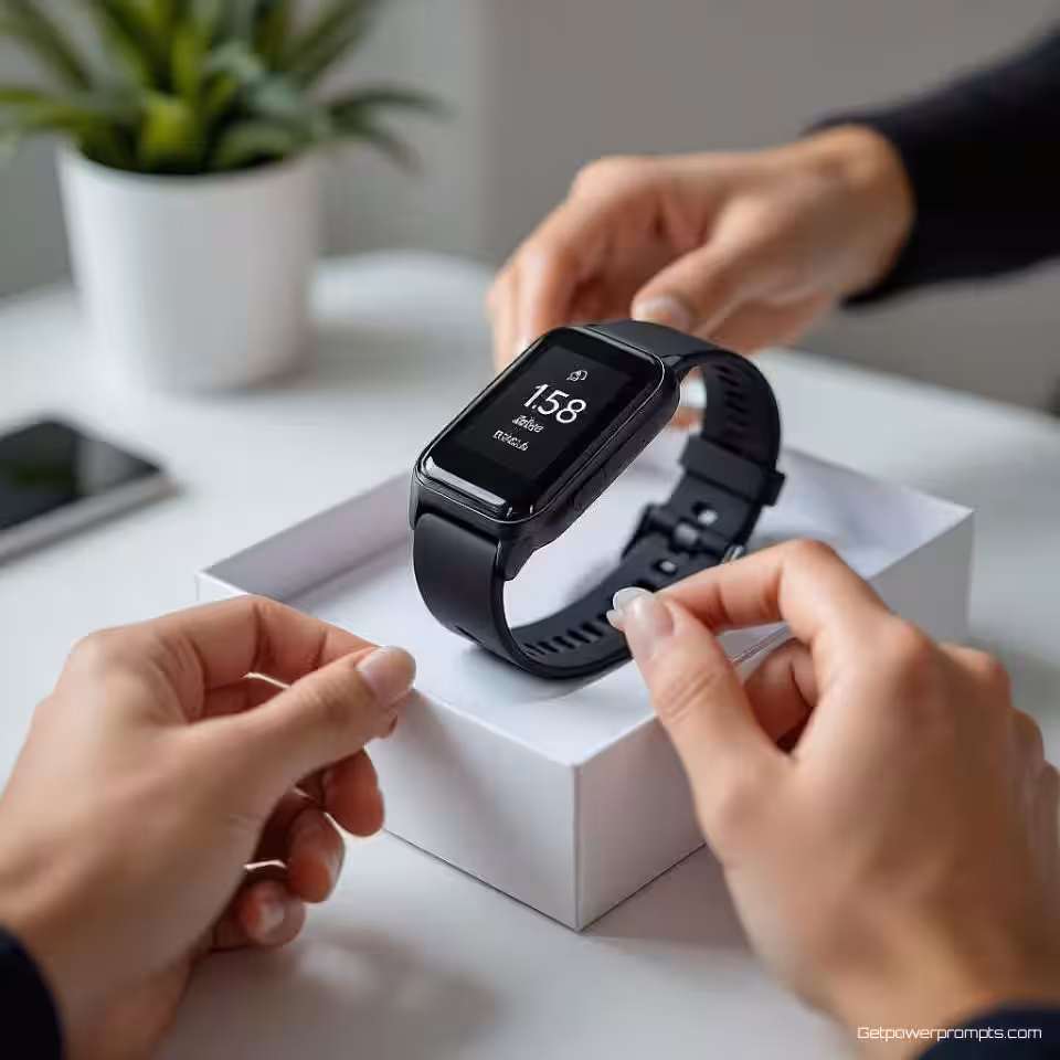 Fitness tracker, uitpakfotografie, witte studiobackground achtergrond, zachte natuurlijke verlichting verlichting, opgewonden sfeer sfeer, close-up perspectief perspectief, promotiebanner ontwerp, handen die met product interageren, verpakkingselementen, commerciële esthetiek, authentiek moment, scherpe focus, lifestyle context