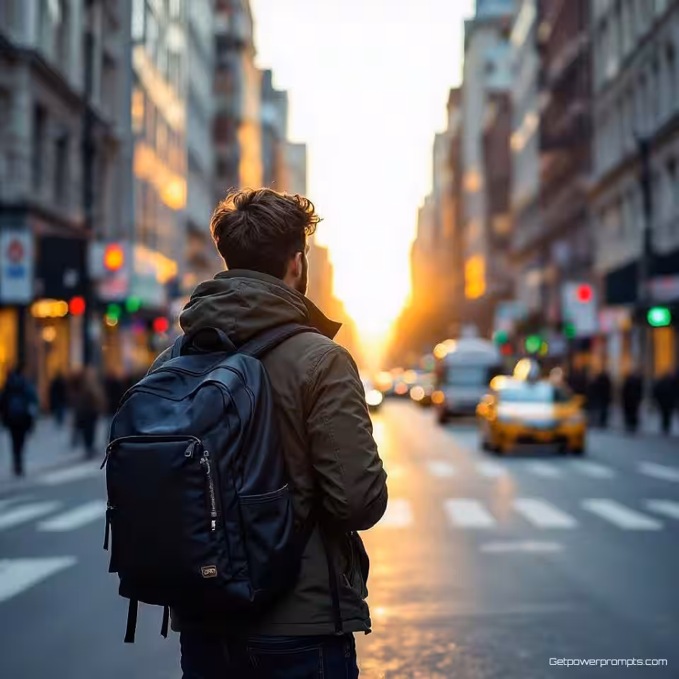 Moderne rugzak, stedelijke straatfotografie, fotorealistisch, drukke stadstraat achtergrond, natuurlijk daglicht verlichting, levendig sfeer, promotiebanner ontwerp, spontane straatstijl, authentieke stedelijke omgeving, commerciële aantrekkingskracht, dynamische compositie, lifestyle context