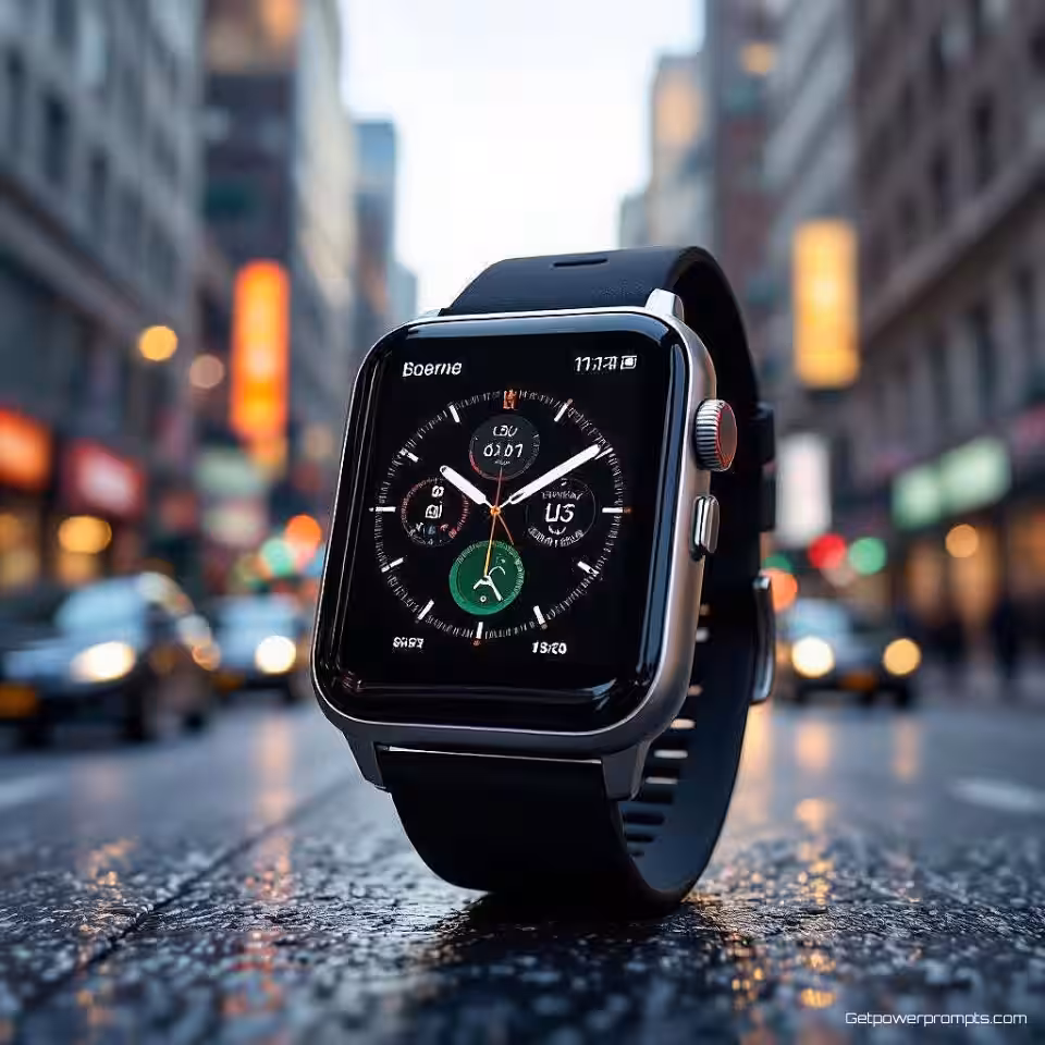 Smartwatch, stedelijke straatfotografie, fotorealistisch, drukke stadstraat achtergrond, natuurlijk daglicht verlichting, levendig sfeer, promotiebanner ontwerp, spontane straatstijl, authentieke stedelijke omgeving, commerciële aantrekkingskracht, dynamische compositie, lifestyle context