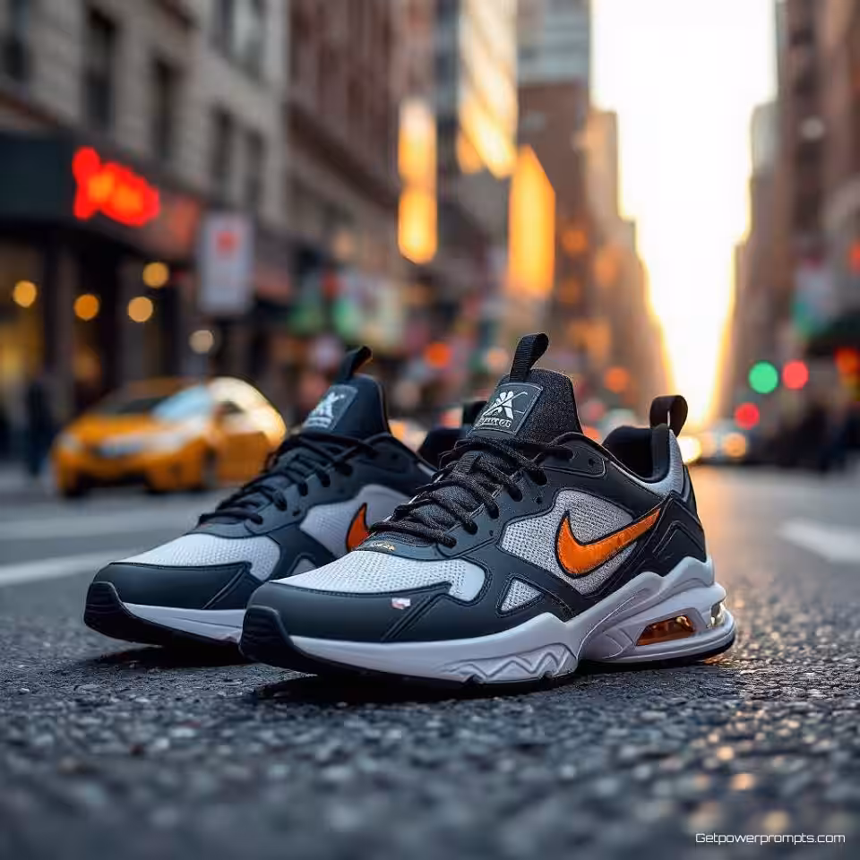 Atletische sneakers, stedelijke straatfotografie, fotorealistisch, drukke stadstraat achtergrond, natuurlijk daglicht verlichting, levendig sfeer, promotiebanner ontwerp, spontane straatstijl, authentieke stedelijke omgeving, commerciële aantrekkingskracht, dynamische compositie, lifestyle context