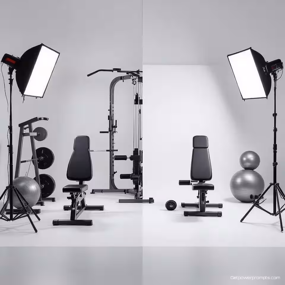 Thuisgym setup, voor en na collage-opmaak, fotorealistisch, studiobelichting verlichting, schone studio achtergrond, overlappende transformatie-elementen, professionele productfotografie, visuele metamorfose, commerciële esthetiek, dynamische compositie, naadloos overgangseffect