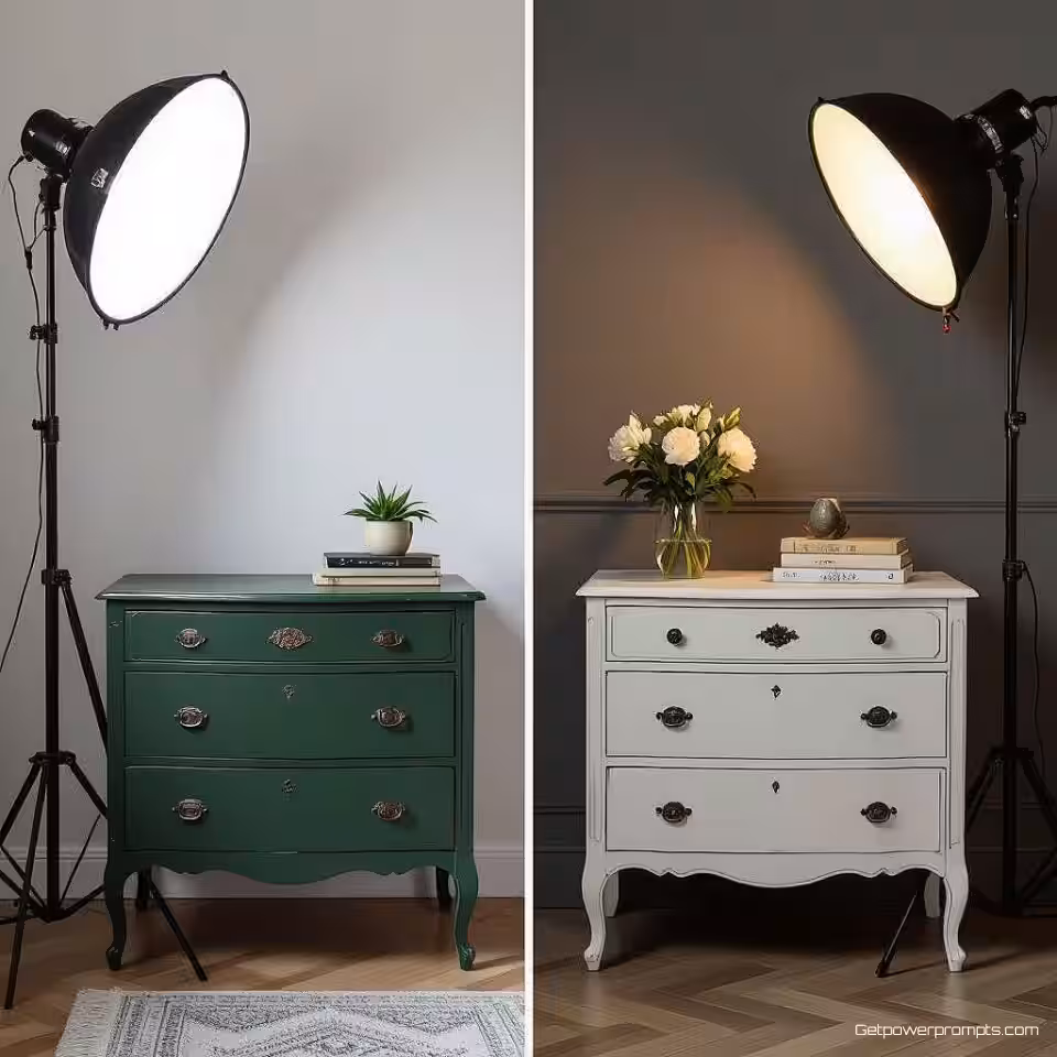 Geschilderd meubel, voor en na collage-opmaak, fotorealistisch, studiobelichting verlichting, schone studio achtergrond, overlappende transformatie-elementen, professionele productfotografie, visuele metamorfose, commerciële esthetiek, dynamische compositie, naadloos overgangseffect