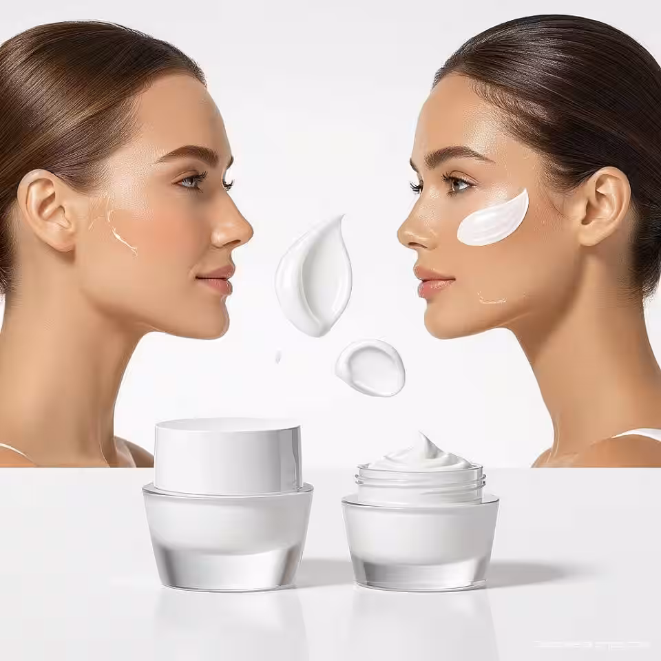 Anti-aging crème, voor en na collage-opmaak, fotorealistisch, studiobelichting verlichting, schone studio achtergrond, overlappende transformatie-elementen, professionele productfotografie, visuele metamorfose, commerciële esthetiek, dynamische compositie, naadloos overgangseffect