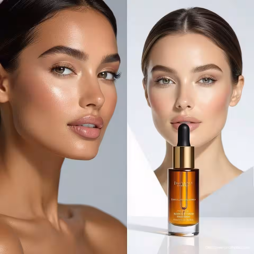 Anti-veroudering gezichtsserum, voor en na onthulling fotografie, fotorealistisch, studiobelichting belichting, studio achtergrond achtergrond, dramatisch transformatiemoment, professionele productfotografie, visuele impact, commerciële esthetiek, dynamisch onthullingseffect, split-second transformatie vastlegging