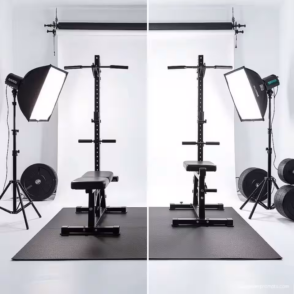 Thuisgym opstelling, voor en na schuifeffect, fotorealistisch, studiobelichting belichting, effen achtergrond achtergrond, interactieve onthullingsfotografie, inspirerend sfeer, professionele commerciële esthetiek, visuele transformatieschuifregelaar, schone scheidingslijn, dynamisch vergelijkingseffect