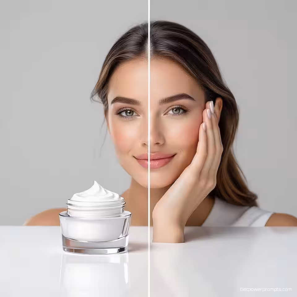 Anti-aging crème, voor en na schuifeffect, fotorealistisch, studiobelichting belichting, effen achtergrond achtergrond, interactieve onthullingsfotografie, inspirerend sfeer, professionele commerciële esthetiek, visuele transformatieschuifregelaar, schone scheidingslijn, dynamisch vergelijkingseffect