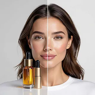 Anti-verouderingsserum, voor en na transformatie, gesplitst scherm fotografie, fotorealistisch, studiobelichting belichting, minimalistische achtergrond achtergrond, professioneel sfeer, professionele vergelijkingsfotografie, scherpe focus, commerciële esthetiek, schone scheidingslijn, visueel transformatie-effect