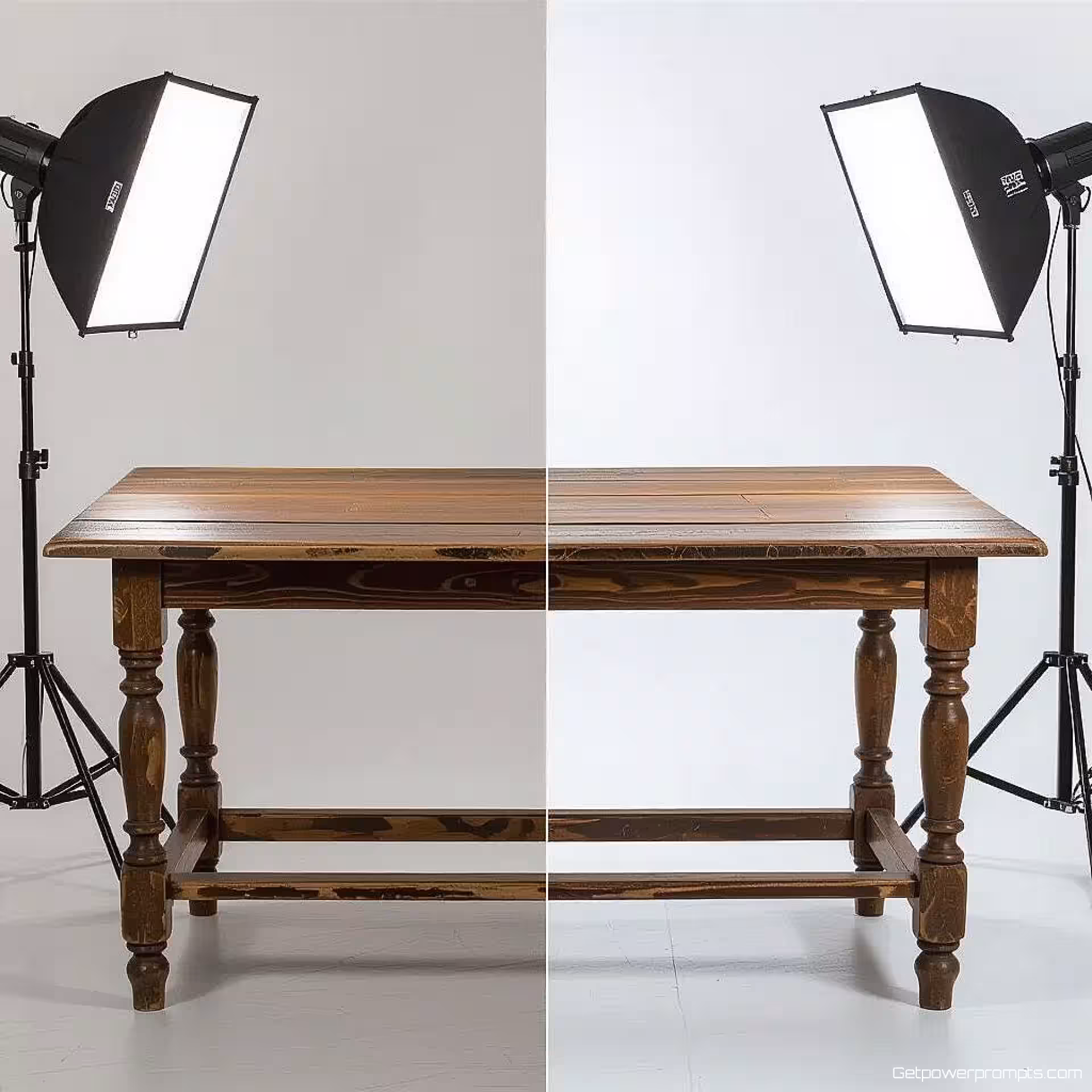 Gerestaureerde houten tafel, voor en na transformatie, gesplitst scherm fotografie, fotorealistisch, studiobelichting belichting, minimalistische achtergrond achtergrond, professioneel sfeer, professionele vergelijkingsfotografie, scherpe focus, commerciële esthetiek, schone scheidingslijn, visueel transformatie-effect