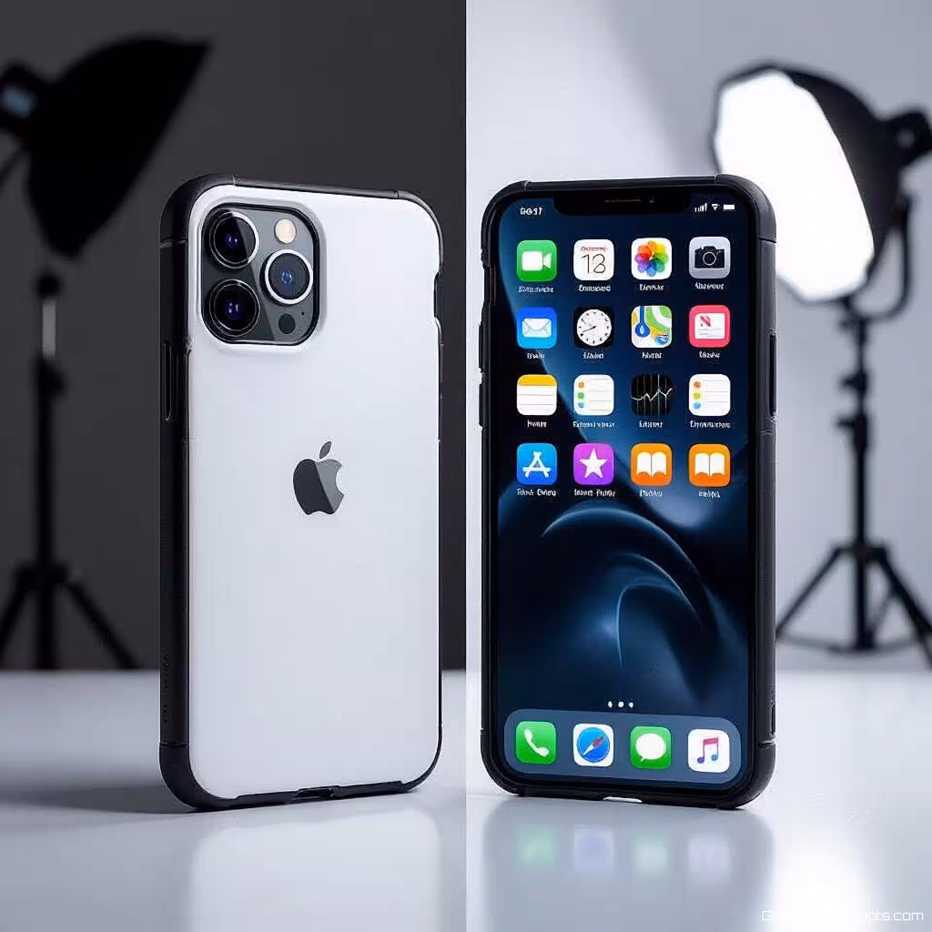 Smartphone met hoesje, voor en na transformatie, gesplitst scherm fotografie, fotorealistisch, studiobelichting belichting, minimalistische achtergrond achtergrond, professioneel sfeer, professionele vergelijkingsfotografie, scherpe focus, commerciële esthetiek, schone scheidingslijn, visueel transformatie-effect