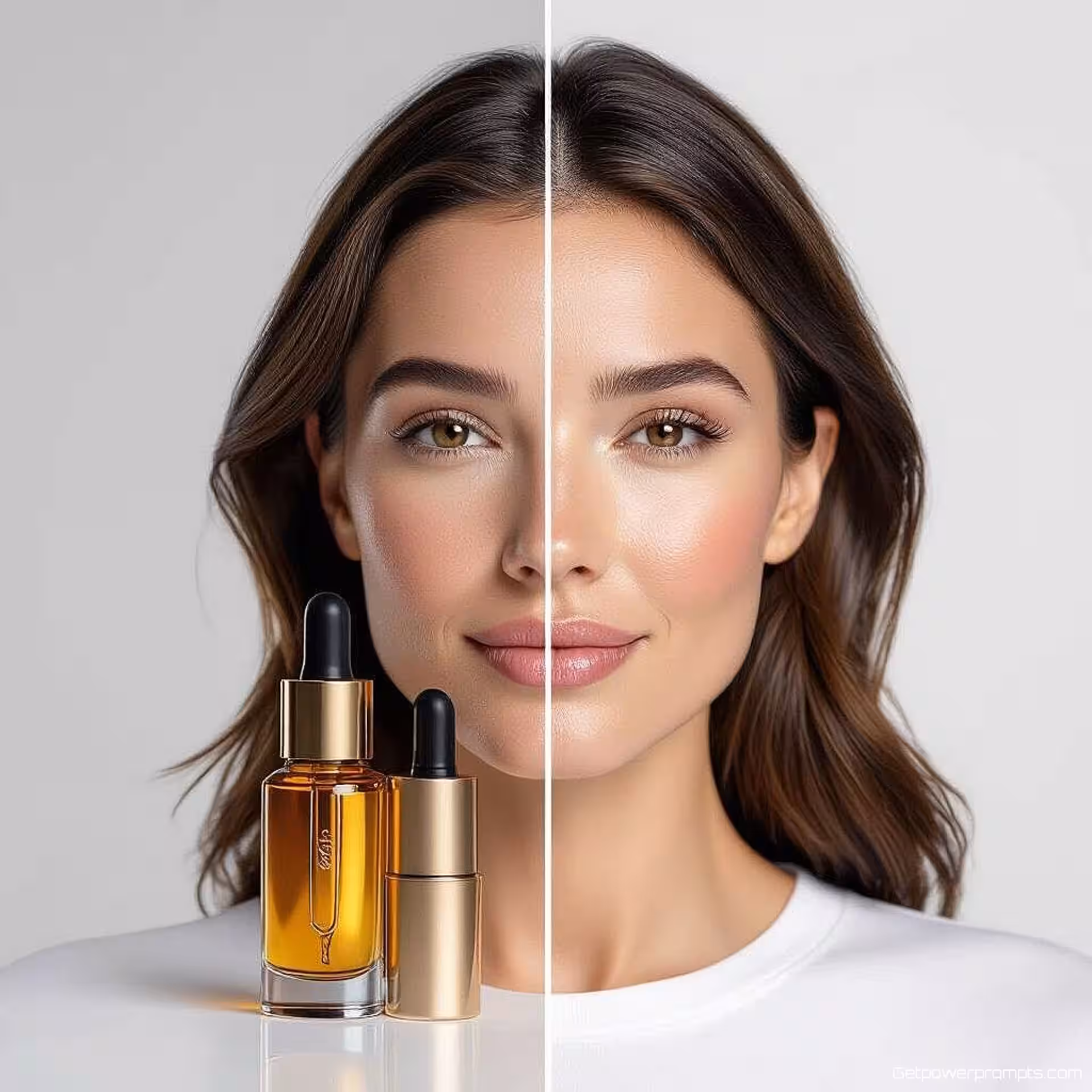 Anti-verouderingsserum, voor en na transformatie, gesplitst scherm fotografie, fotorealistisch, studiobelichting belichting, minimalistische achtergrond achtergrond, professioneel sfeer, professionele vergelijkingsfotografie, scherpe focus, commerciële esthetiek, schone scheidingslijn, visueel transformatie-effect