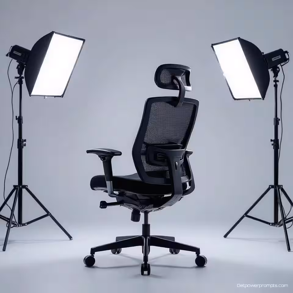 Ergonomische bureaustoel, stapsgewijze montagefotografie, witte studio achtergrond achtergrond, studiolicht verlichting, bovenaanzicht perspectief, instructieve reeks, genummerde stappen, duidelijke visuele begeleiding, educatieve presentatie, professionele styling, commerciële kwaliteit