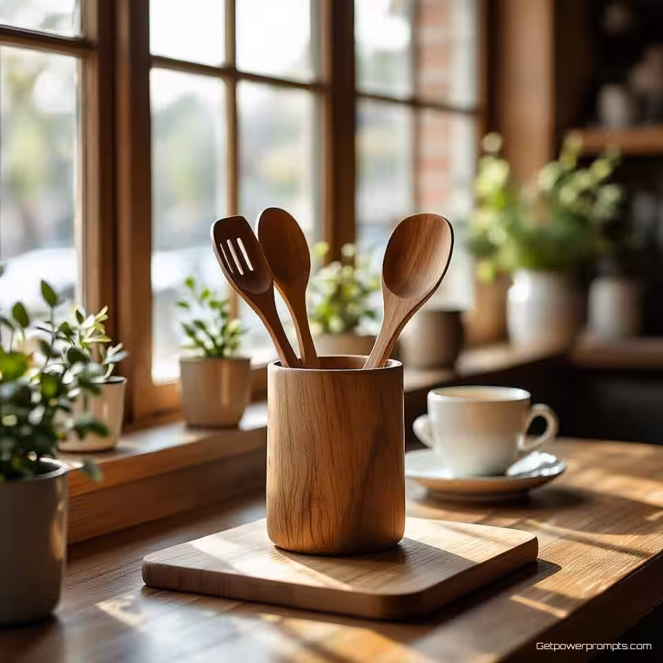 Houten keukengereedschap, levensstijlfotografie, gezellig café interieur setting, natuurlijke raamverlichting verlichting, ooghoogte perspectief perspectief, authentieke sfeer, natuurlijke interactie, zachte achtergrondfocus, product in gebruik, commerciële kwaliteit