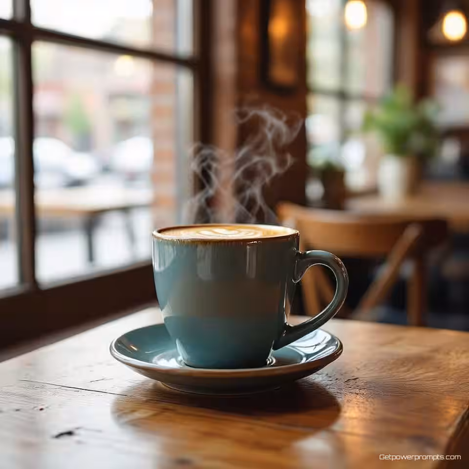 Ambachtelijke koffiemok, levensstijlfotografie, gezellig café interieur setting, natuurlijke raamverlichting verlichting, ooghoogte perspectief perspectief, authentieke sfeer, natuurlijke interactie, zachte achtergrondfocus, product in gebruik, commerciële kwaliteit