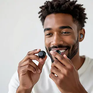 Draadloze Oortelefoons, lifestyle detailfotografie, studio achtergrond, natuurlijk verlichting, close-up perspectief, focus op menselijke interactie, warm sfeer, handen demonstreren product, tactiele betrokkenheid, zachte achtergrondfocus, commerciële kwaliteit, authentieke productervaring