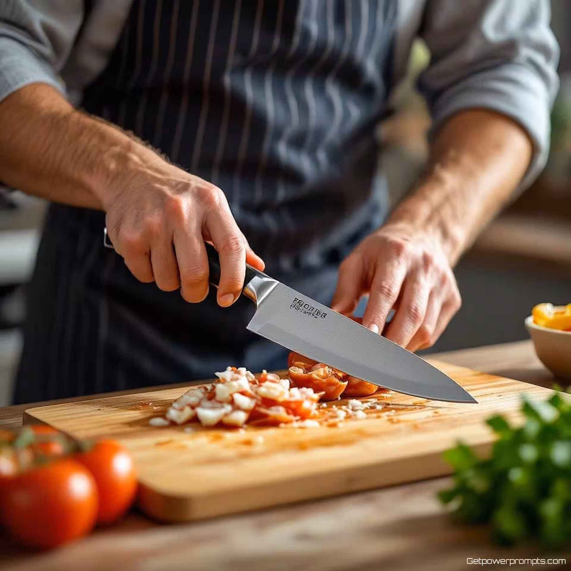 Keukenmes, lifestyle detailfotografie, studio achtergrond, natuurlijk verlichting, close-up perspectief, focus op menselijke interactie, warm sfeer, handen demonstreren product, tactiele betrokkenheid, zachte achtergrondfocus, commerciële kwaliteit, authentieke productervaring