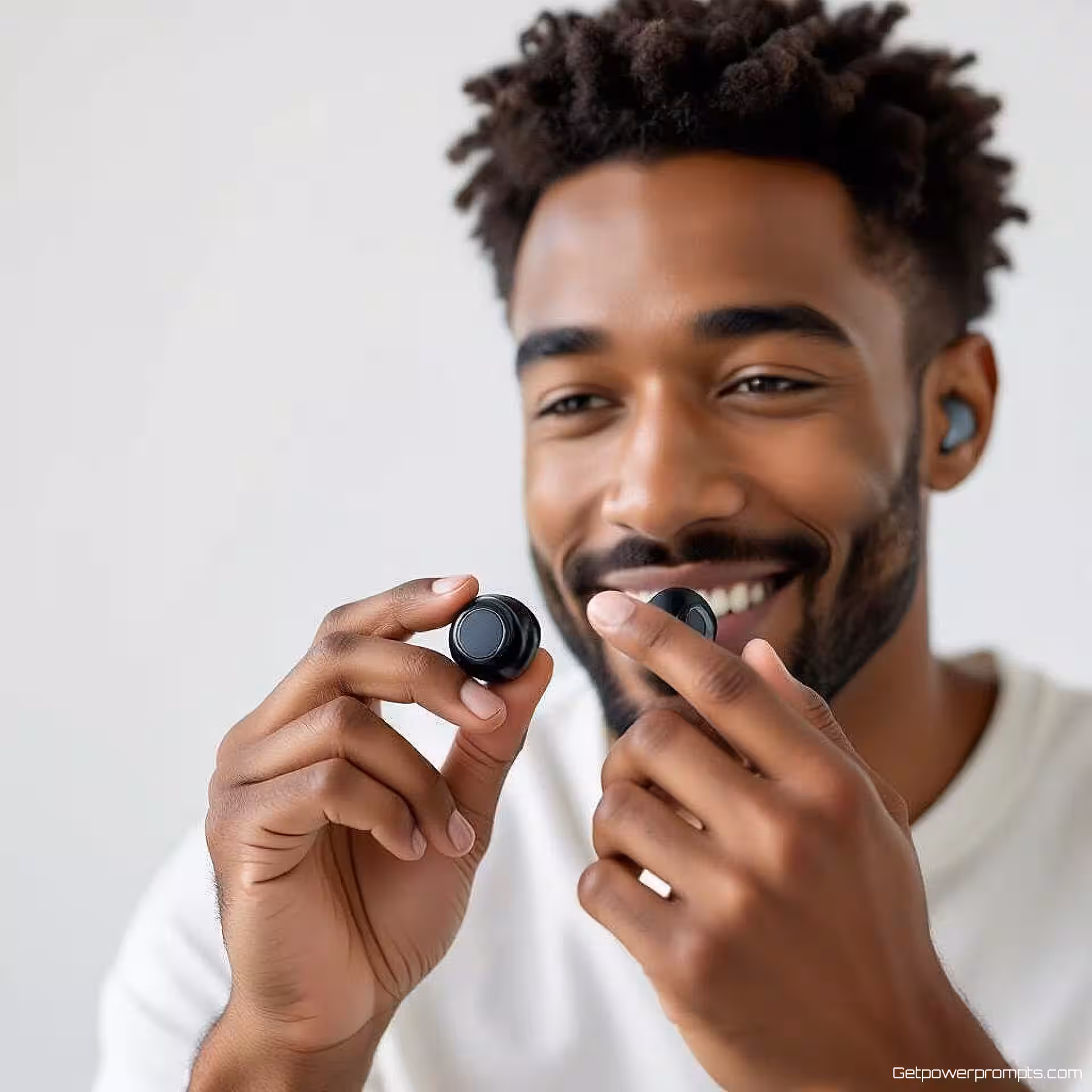 Draadloze Oortelefoons, lifestyle detailfotografie, studio achtergrond, natuurlijk verlichting, close-up perspectief, focus op menselijke interactie, warm sfeer, handen demonstreren product, tactiele betrokkenheid, zachte achtergrondfocus, commerciële kwaliteit, authentieke productervaring