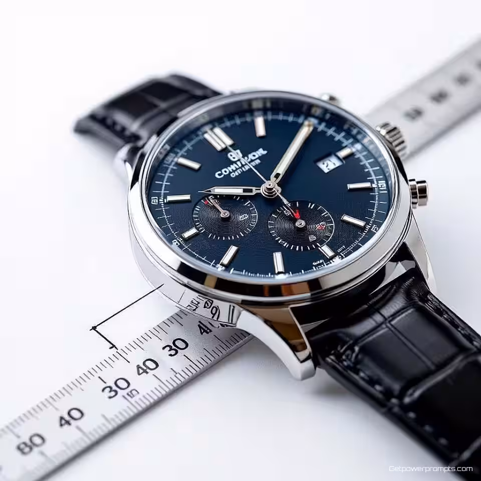 Polshorloge, productdetailfotografie, witte studio achtergrond, studiobelichting verlichting, close-up perspectief, meetschaaloverlay, precieze dimensionale referentie, technische productpresentatie, commerciële kwaliteit, professionele styling, scherpe focus, schone presentatie