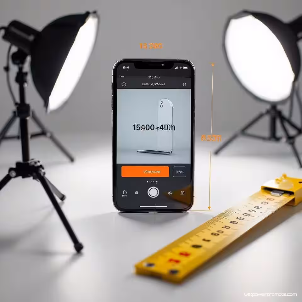 Smartphone, productdetailfotografie, witte studio achtergrond, studiobelichting verlichting, close-up perspectief, meetschaaloverlay, precieze dimensionale referentie, technische productpresentatie, commerciële kwaliteit, professionele styling, scherpe focus, schone presentatie