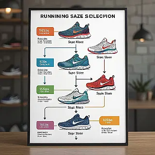 Hardloopschoenen maatkeuze stroomdiagram, fotorealistisch, wit achtergrond, natuurlijk verlichting, beslissingsboom ontwerp, op metingen gebaseerde aanbevelingen, duidelijke visuele paden, professionele infographic lay-out, kleurgecodeerde beslissingspunten, georganiseerde informatiehiërarchie, professioneel sfeer, educatieve presentatiestijl