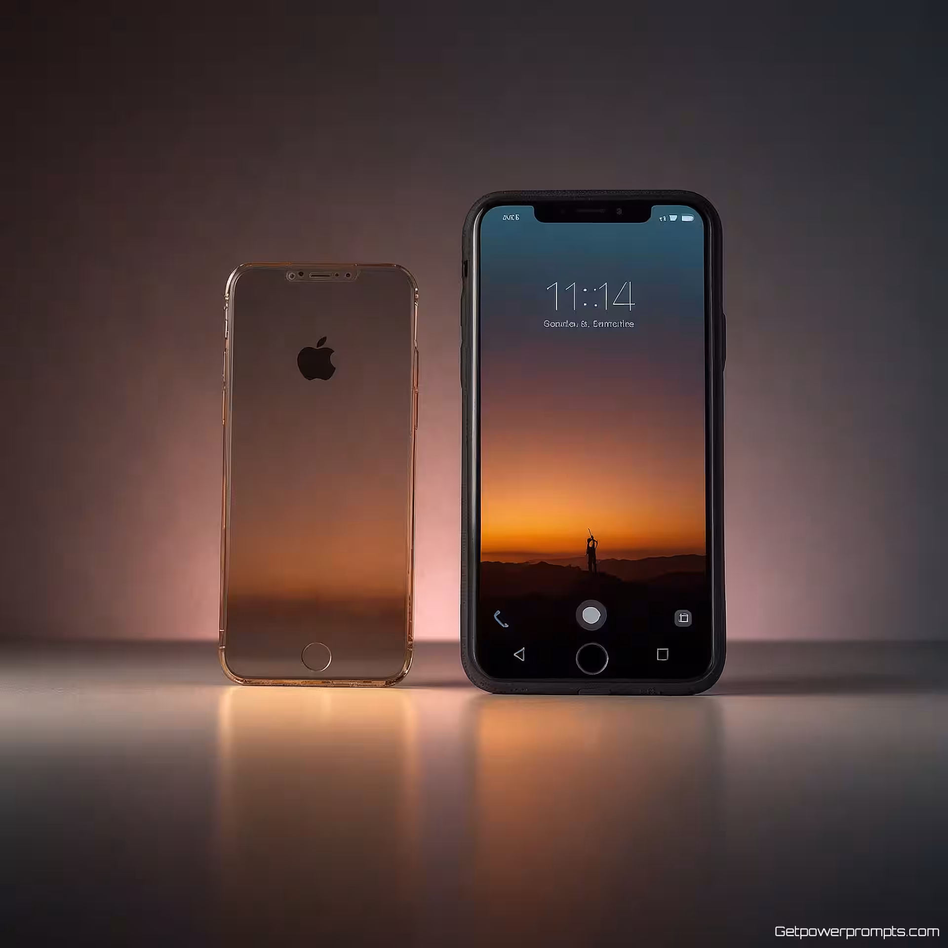 Smartphone voor en na transformatie, vergelijkende fotografie, verloopachtergrond achtergrond, studiobelichting verlichting, close-up perspectief, professionele esthetiek, scherpe focus, zij-aan-zij lay-out, commerciële stijl