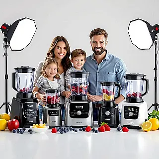 Professionele blender collectie, familie vergelijkingsfotografie, fotorealistisch stijl, witte studio achtergrond achtergrond, studio verlichting verlichting, professionele sfeer sfeer, gegroepeerde compositie, professionele productpresentatie, scherpe focus, commerciële esthetiek, complete productlijn weergave, familiehiërarchie demonstratie