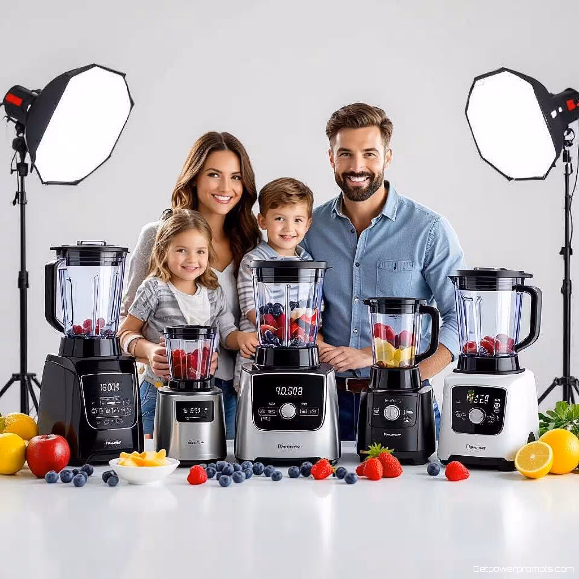 Professionele blender collectie, familie vergelijkingsfotografie, fotorealistisch stijl, witte studio achtergrond achtergrond, studio verlichting verlichting, professionele sfeer sfeer, gegroepeerde compositie, professionele productpresentatie, scherpe focus, commerciële esthetiek, complete productlijn weergave, familiehiërarchie demonstratie