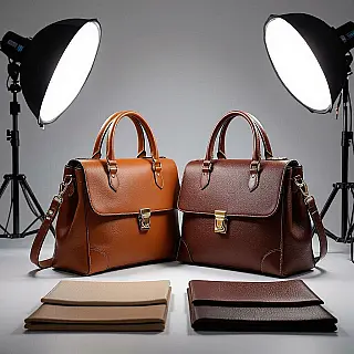 Leren handtas, materiaal vergelijkingsfotografie, fotorealistisch stijl, witte studio achtergrond, zacht studio licht verlichting, professioneel sfeer, naast elkaar materiaalmonsters lay-out, textuur detail showcase, professionele productdemonstratie, scherpe focus, commerciële esthetiek, materiaalkwaliteit vergelijking