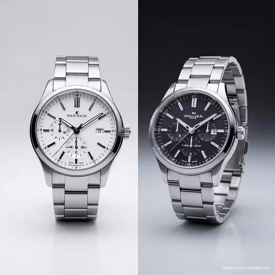 Metal horloge, materiaal vergelijkingsfotografie, fotorealistisch stijl, witte studio achtergrond, zacht studio licht verlichting, professioneel sfeer, naast elkaar materiaalmonsters lay-out, textuur detail showcase, professionele productdemonstratie, scherpe focus, commerciële esthetiek, materiaalkwaliteit vergelijking