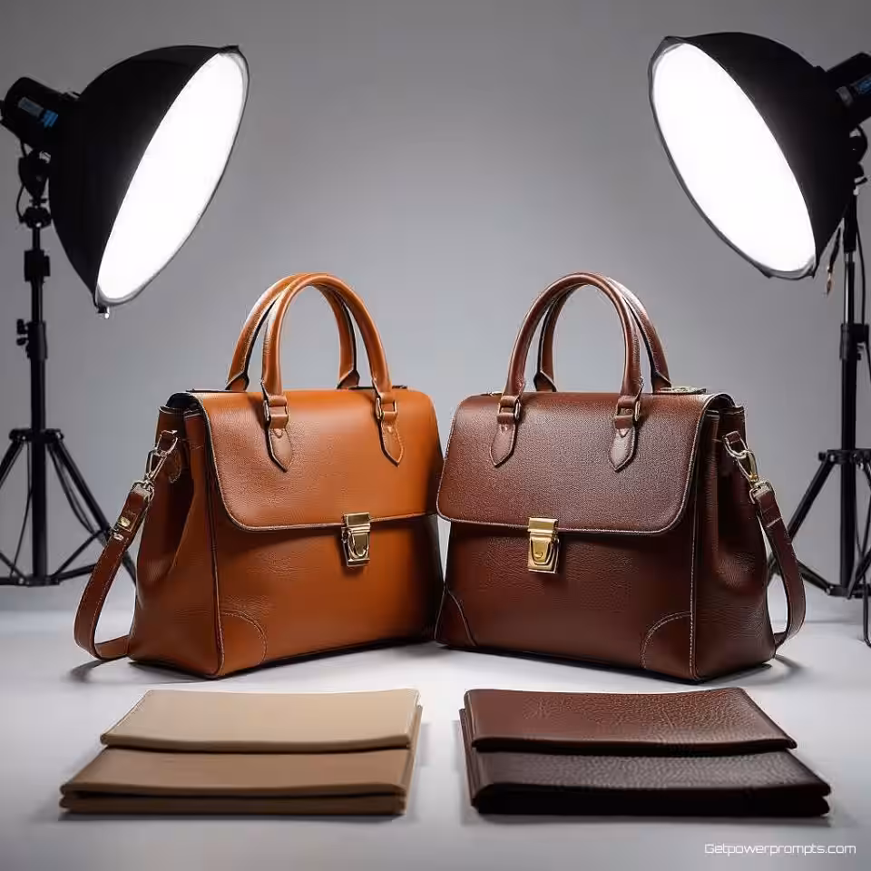 Leren handtas, materiaal vergelijkingsfotografie, fotorealistisch stijl, witte studio achtergrond, zacht studio licht verlichting, professioneel sfeer, naast elkaar materiaalmonsters lay-out, textuur detail showcase, professionele productdemonstratie, scherpe focus, commerciële esthetiek, materiaalkwaliteit vergelijking