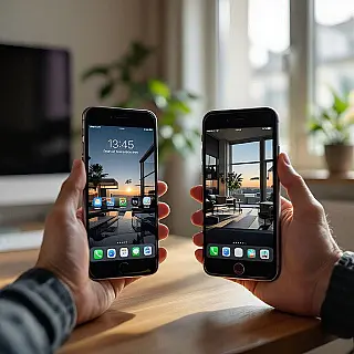 Smartphone, vergelijkingsfotografie van gebruik in de echte wereld, fotorealistisch stijl, thuisomgeving achtergrond, natuurlijk licht verlichting, professioneel sfeer, contextuele omgeving showcase, zij-aan-zij toepassingsscènes, professionele productdemonstratie, scherpe focus, commerciële esthetiek, levensstijlintegratie vergelijking