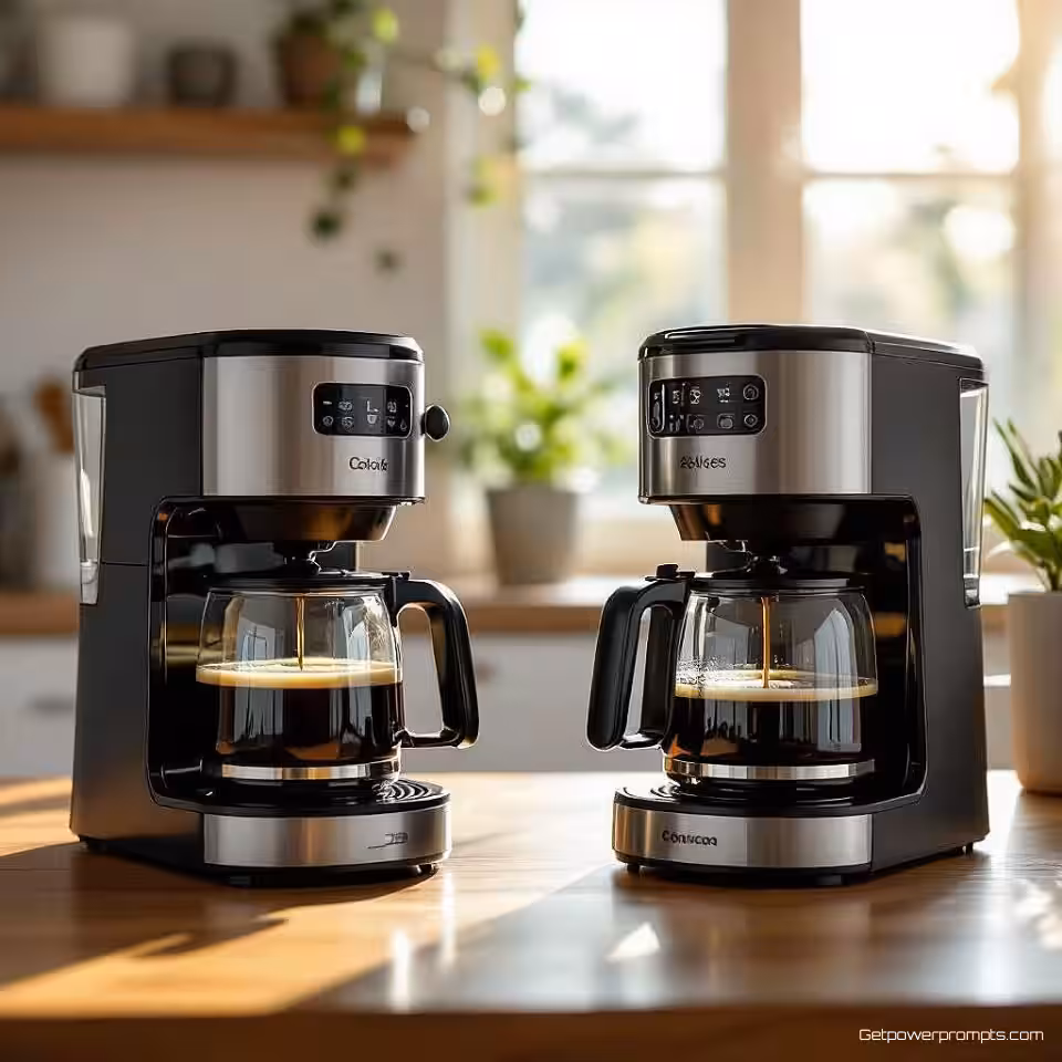 Koffiezetapparaat, vergelijkingsfotografie van gebruik in de echte wereld, fotorealistisch stijl, thuisomgeving achtergrond, natuurlijk licht verlichting, professioneel sfeer, contextuele omgeving showcase, zij-aan-zij toepassingsscènes, professionele productdemonstratie, scherpe focus, commerciële esthetiek, levensstijlintegratie vergelijking