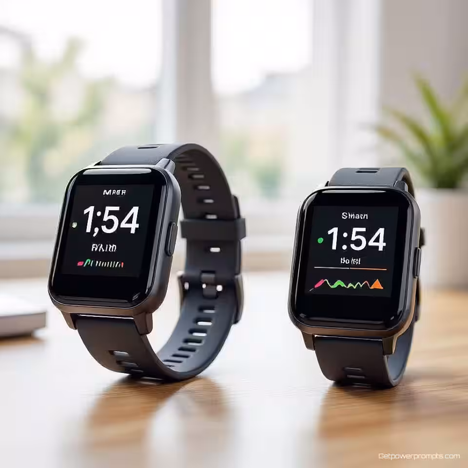 Fitness Tracker, vergelijkingsfotografie van gebruik in de echte wereld, fotorealistisch stijl, thuisomgeving achtergrond, natuurlijk licht verlichting, professioneel sfeer, contextuele omgeving showcase, zij-aan-zij toepassingsscènes, professionele productdemonstratie, scherpe focus, commerciële esthetiek, levensstijlintegratie vergelijking