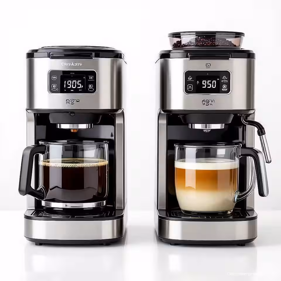 Koffiezetapparaat, waarde vergelijkingsfotografie, fotorealistisch stijl, witte studio achtergrond, studio verlichting verlichting, professioneel sfeer, premium vs standaard vergelijkingsopstelling, professionele productpresentatie, scherpe focus, commerciële esthetiek, duidelijke waardedemonstratie, naast elkaar presentatie
