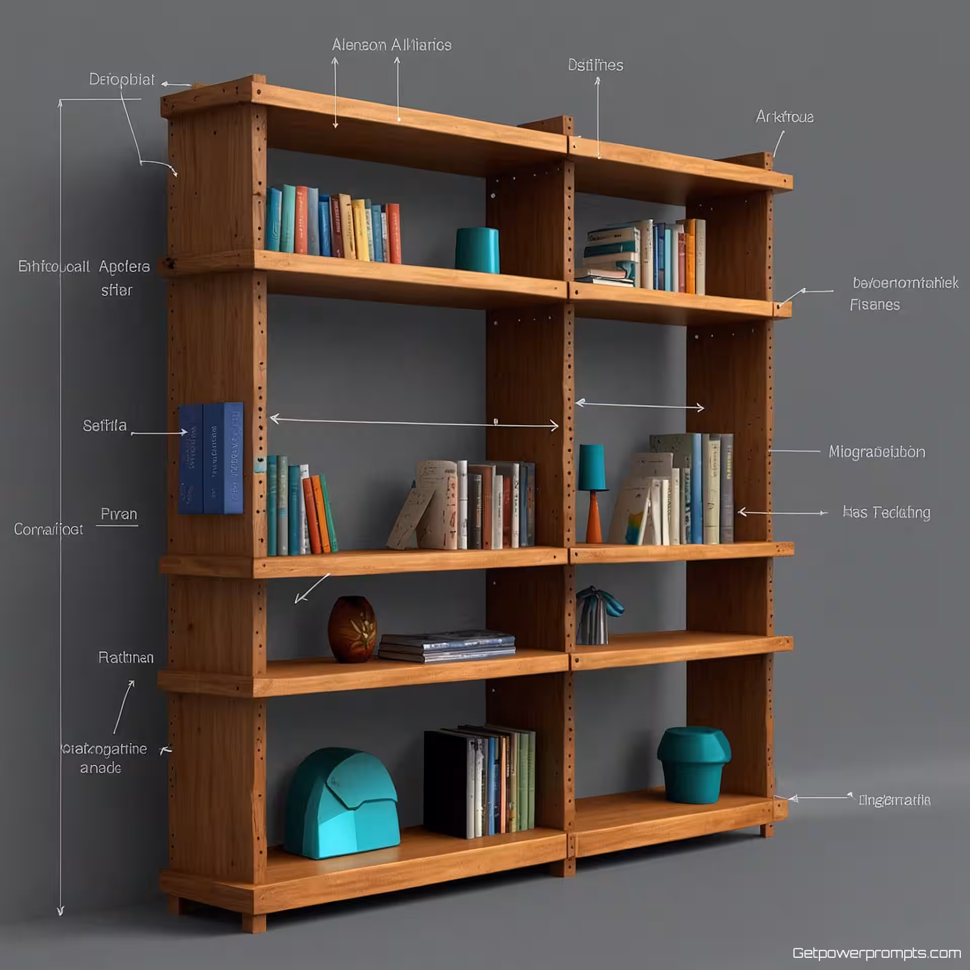 Boekenkast montage componenten, technische illustratie, close-up perspectief, studiobelichting verlichting, technische achtergrond achtergrond, onderdelen identificatiediagram, gelabelde componenten, aanwijzingsmarkeringen, educatieve referentiegids, duidelijke onderdeelmarkering, technische illustratiestijl