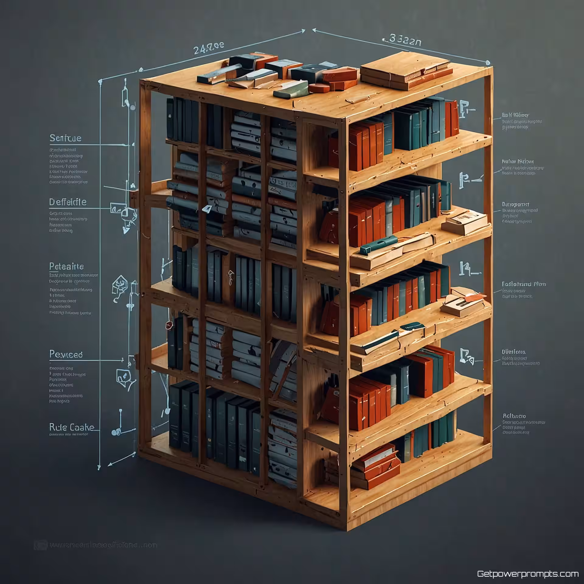 Boekenkast, diagram van het assemblageproces, isometrisch, visualisatie van opeenvolgende stappen, raster achtergrond, studio verlichting, educatief werkstroomdiagram, richtingspijlen, processtroomindicatoren, duidelijke voortgangsmarkeringen