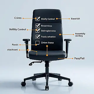 Bureaustoel, kwaliteitscontrole checklist diagram, technische illustratie, close-up perspectief, studioverlichting verlichting, neutrale achtergrond achtergrond, montageverificatiestappen, inspectiemarkeringen, kwaliteitsborging visualisatie, checklist voltooiingsindicatoren, geslaagd/gefaald statussymbolen, educatieve kwaliteitsgids, definitieve montagevalidatie