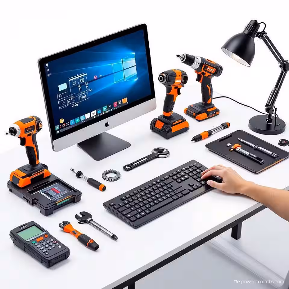 Computer bureau montage, meerdere compatibele gereedschappen demonstratie, technische illustratie, close-up perspectief, zacht daglicht verlichting, neutrale werkbank achtergrond, compatibel gereedschap showcase, alternatieve gereedschapsopties, educatieve compatibiliteitsgids, gereedschapsselectie visualisatie, meerdere gereedschapsarrangementen, duidelijke compatibiliteitsindicatoren