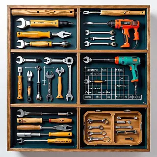 Houten boekenkast, universele gereedschapscompatibiliteit matrixdiagram, technische illustratie, bovenaanzicht perspectief, zacht daglicht verlichting, effen kleurachtergrond achtergrond, gereedschapselectiegids, compatibiliteitskaart, visueel matchingsysteem, educatieve beslissingsmatrix, duidelijke gereedschapspaarindicatoren, optimale gereedschapsaanbevelingen