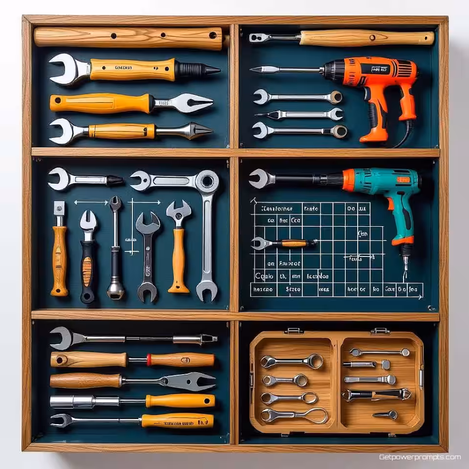 Houten boekenkast, universele gereedschapscompatibiliteit matrixdiagram, technische illustratie, bovenaanzicht perspectief, zacht daglicht verlichting, effen kleurachtergrond achtergrond, gereedschapselectiegids, compatibiliteitskaart, visueel matchingsysteem, educatieve beslissingsmatrix, duidelijke gereedschapspaarindicatoren, optimale gereedschapsaanbevelingen