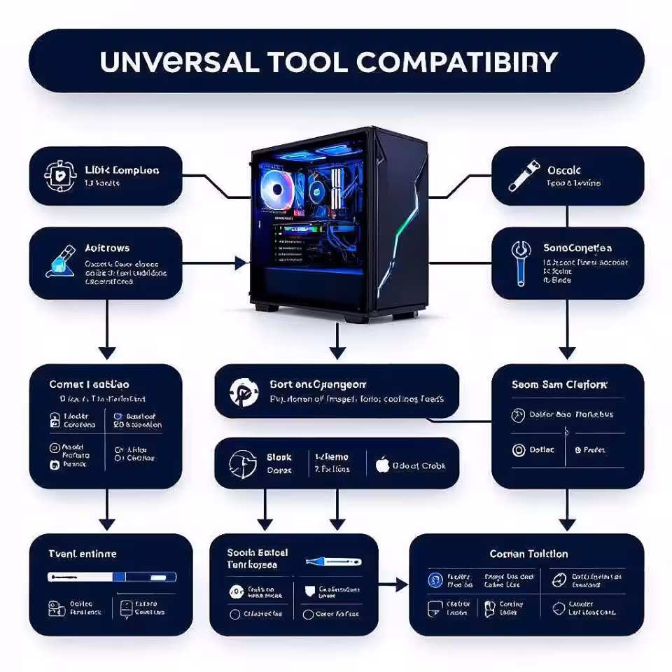 Gaming PC, universele gereedschapscompatibiliteit matrixdiagram, technische illustratie, bovenaanzicht perspectief, zacht daglicht verlichting, effen kleurachtergrond achtergrond, gereedschapselectiegids, compatibiliteitskaart, visueel matchingsysteem, educatieve beslissingsmatrix, duidelijke gereedschapspaarindicatoren, optimale gereedschapsaanbevelingen
