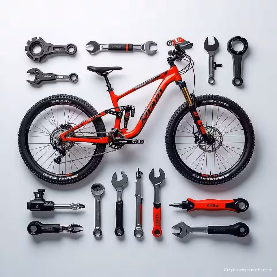 Mountainbike, universele gereedschapscompatibiliteit matrixdiagram, technische illustratie, bovenaanzicht perspectief, zacht daglicht verlichting, effen kleurachtergrond achtergrond, gereedschapselectiegids, compatibiliteitskaart, visueel matchingsysteem, educatieve beslissingsmatrix, duidelijke gereedschapspaarindicatoren, optimale gereedschapsaanbevelingen