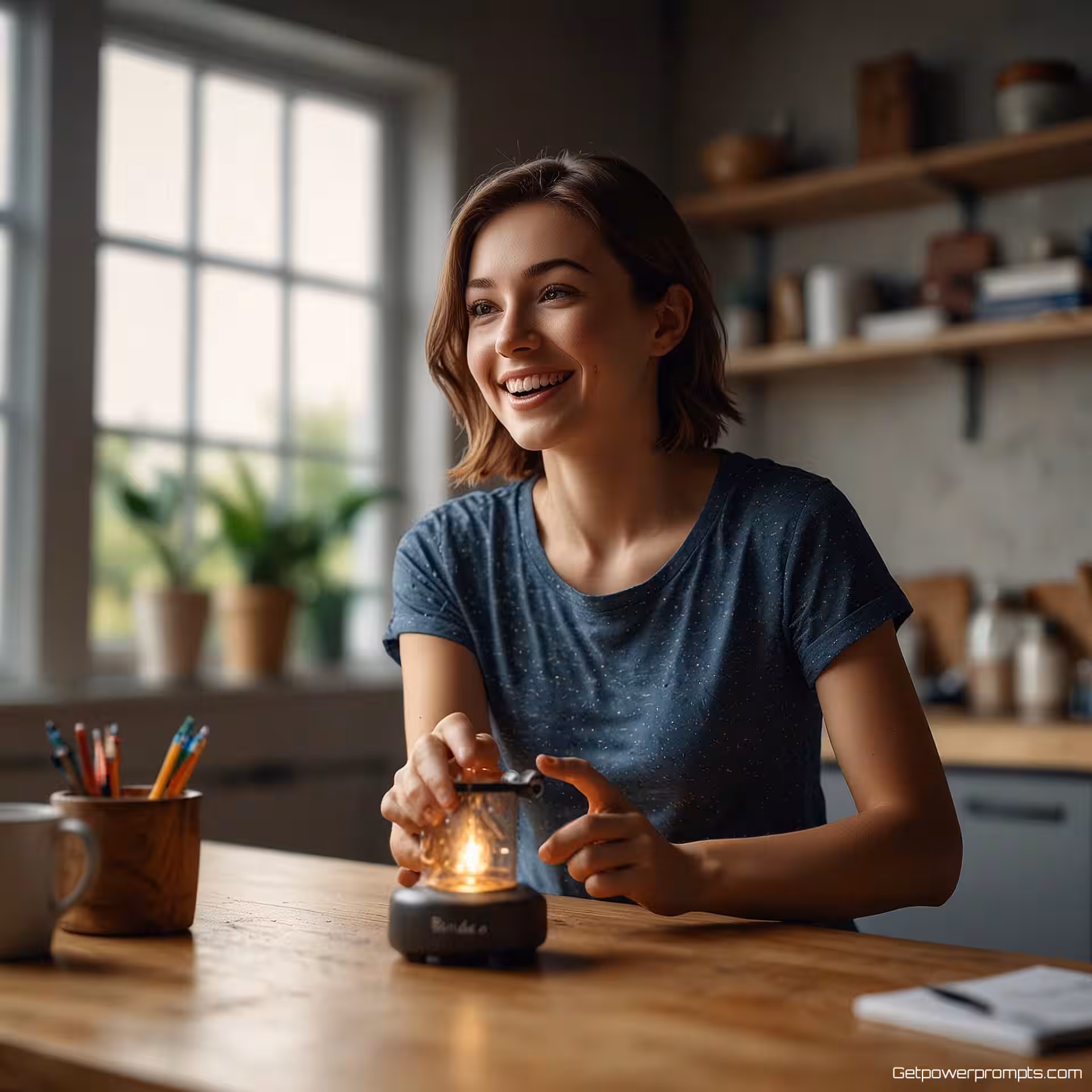 Blender, actiefotografie, vrolijk sfeer, werkruimte achtergrond, binnenverlichting belichting, close-up perspectief, handen die met product interageren, authentieke gebruikerservaring, smartphone camera esthetiek, bewegingsonscherpte, dynamische compositie, spontaan moment