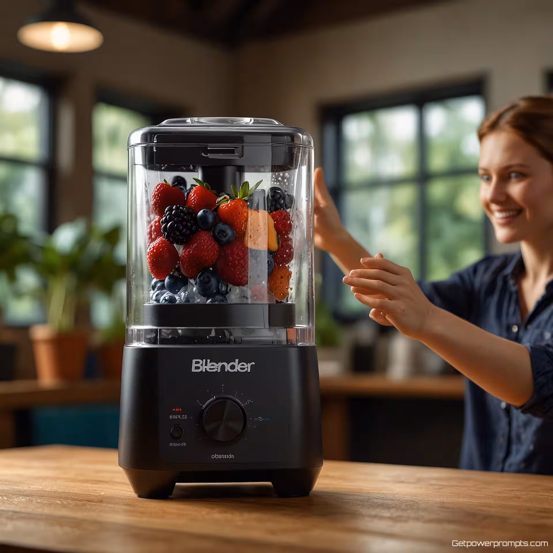 Blender, actiefotografie, energiek sfeer, buitenomgeving achtergrond, binnenverlichting belichting, low angle perspectief, handen die met product interageren, authentieke gebruikerservaring, smartphone camera esthetiek, bewegingsonscherpte, dynamische compositie, spontaan moment